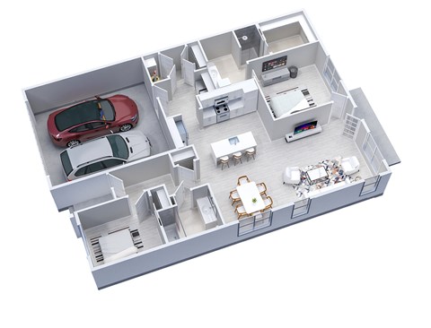 3D floor plan of 2-Bedroom, 2-Bath End Unit Ranch Townhome with 2-Car Garage (1315 sq ft)